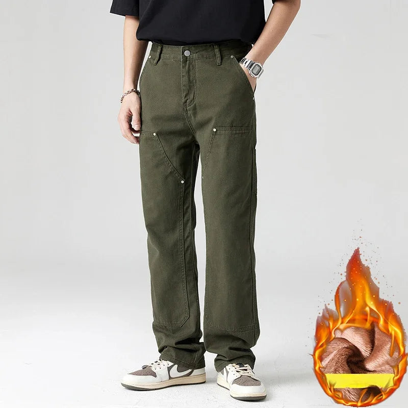 Men Pant Casual Straight Wide Leg Cargo Trouser Male Winter Fleece Lined Warm Cotton Loose Style Carpenter Streetwear
