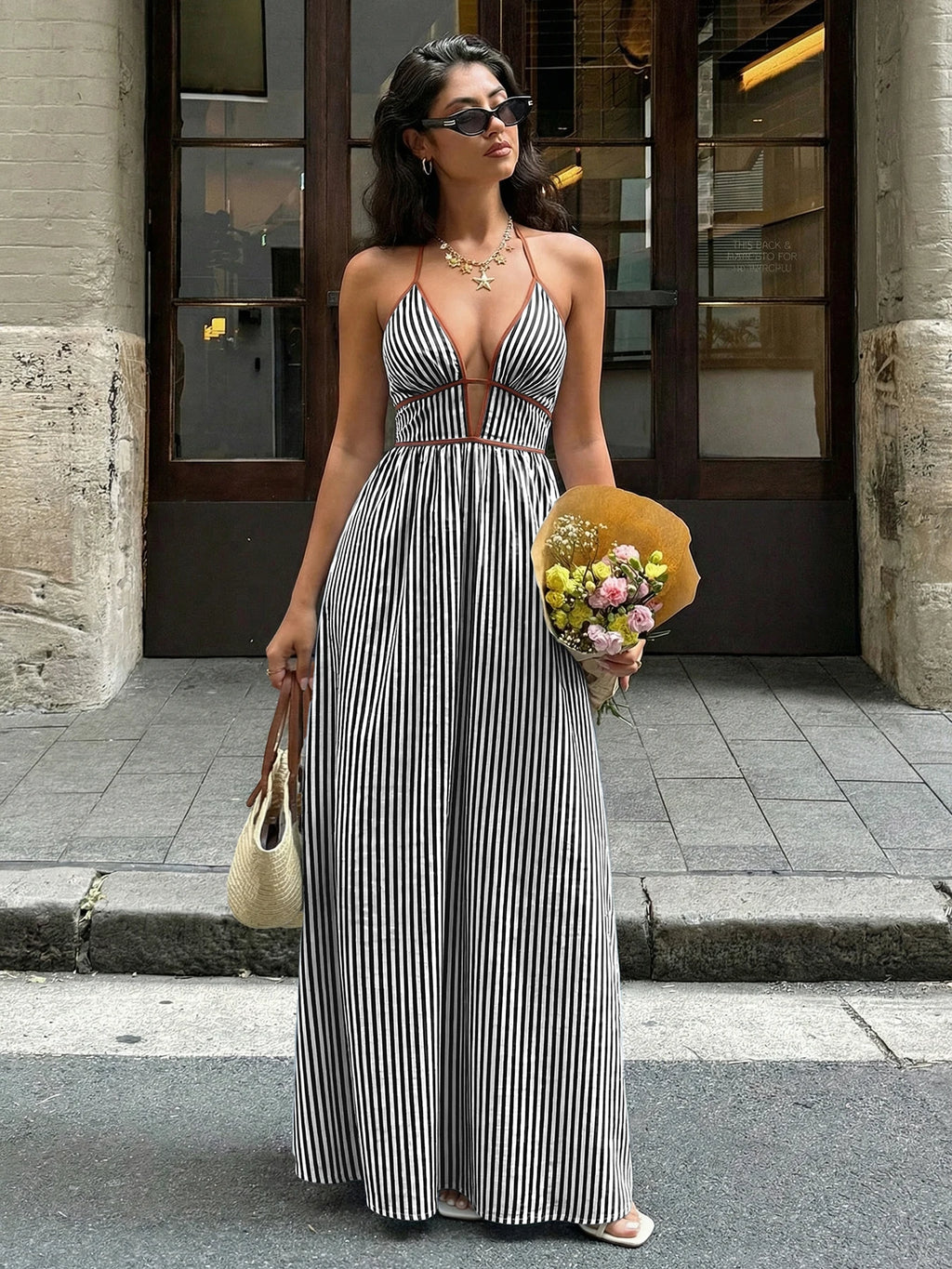 2026 Summer Striped Deep V Neck Backless Sleeveless Beach Long Dress