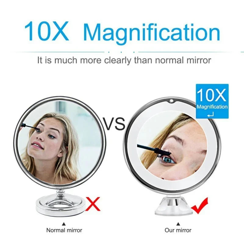 10x Magnifying Touch Screen Vanity Mirror LED Light Portable Makeup Dressing Lamp Flexible Bottom Sucker for Easy Placement