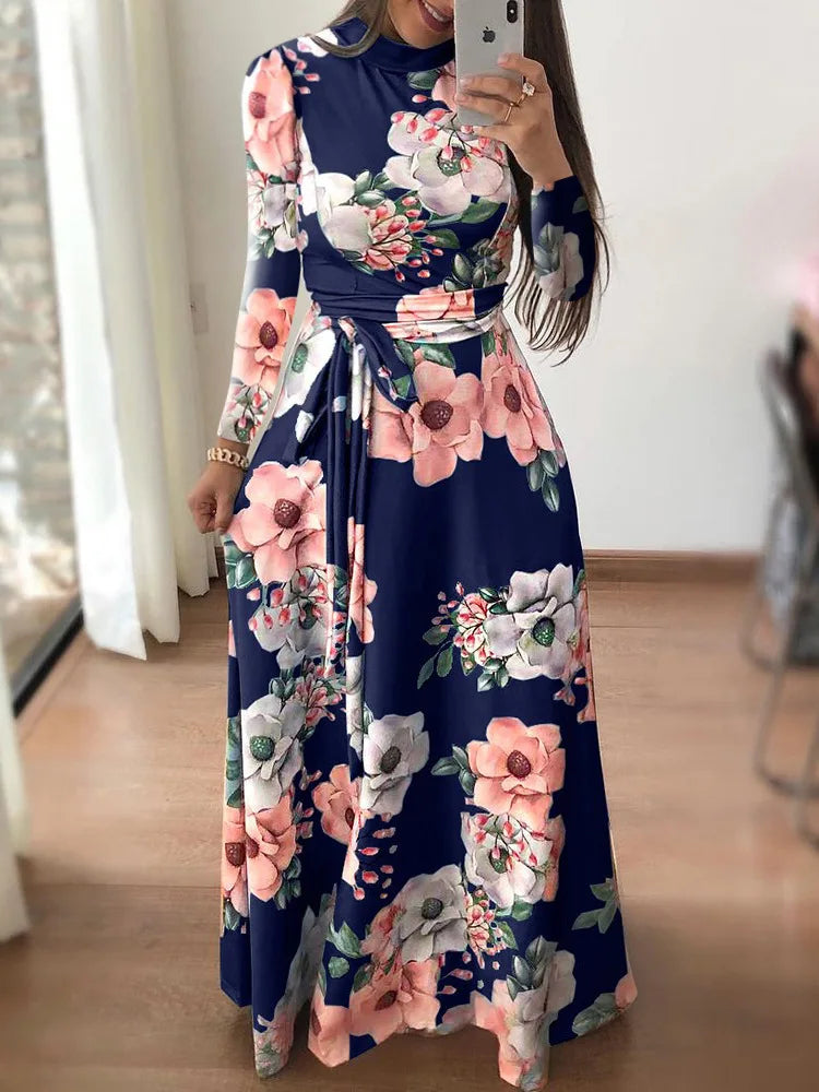 Womens Slim Casual Long Sleeve Round Neck Flower Print Strap Maxi Dress