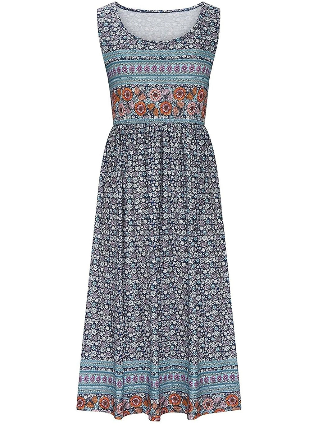 Women's Bohemian Floral Sleeveless Midi Sundress With Pockets Summer Beach
