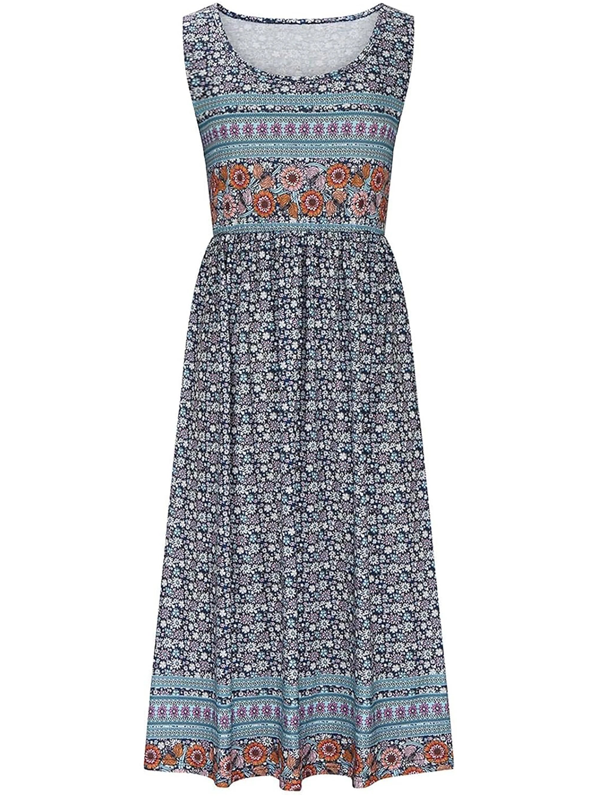 Women's Bohemian Floral Sleeveless Midi Sundress With Pockets Summer Beach
