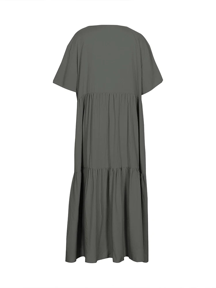 Plus Size Women's V Neck Pleated Solid Ankle Length Dress For Spring Summer