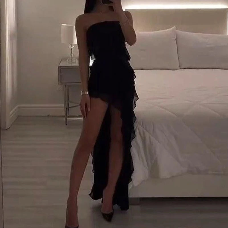 Women Strapless Floral Mini Dress With High Slit Backless Sleeveless Black Pink