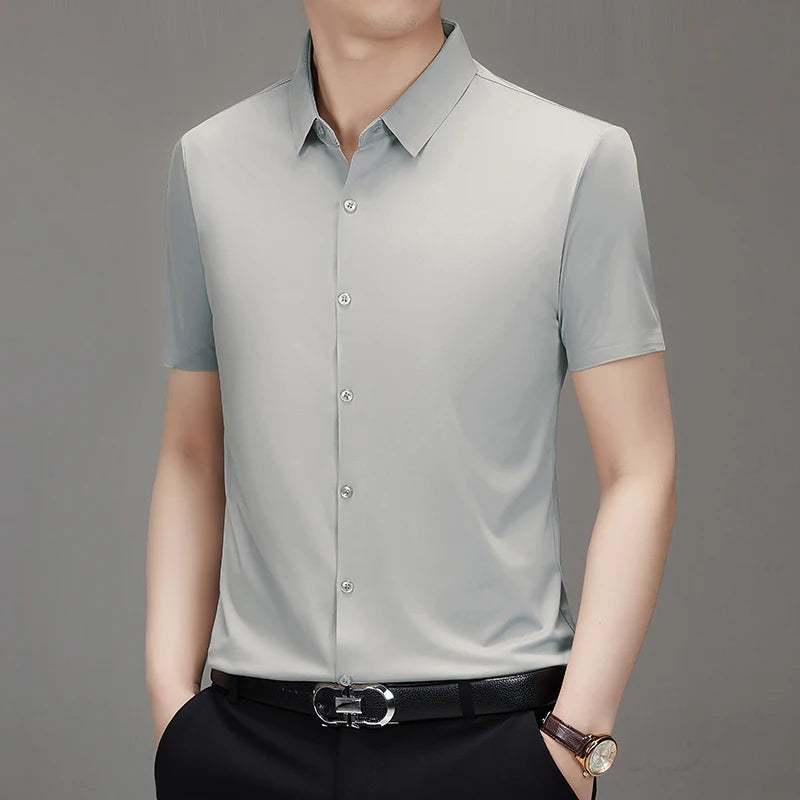 Men's Ultra Stretch Short Sleeve Shirt Business Casual  Breathable Stretchable Abrasion-Resistant Solid Color Short Sleeve Shirt