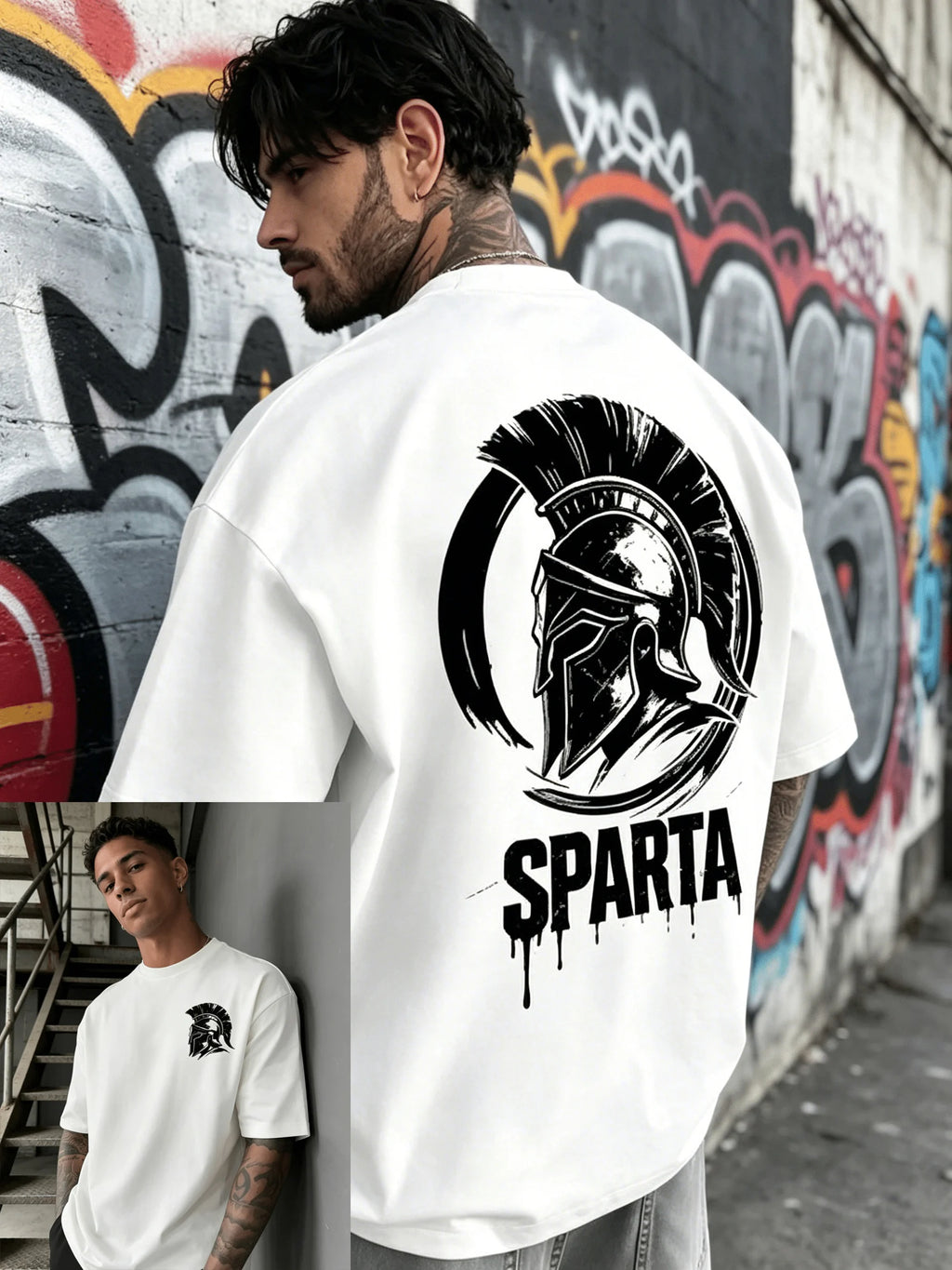 Men's Summer 100% Cotton Fashion Casual Street Spartan Knight Helmet Pattern Printed Loose Round Neck Short Sleeve T-shirt Top