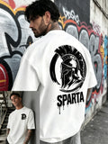 Men's Summer 100% Cotton Fashion Casual Street Spartan Knight Helmet Pattern Printed Loose Round Neck Short Sleeve T-shirt Top