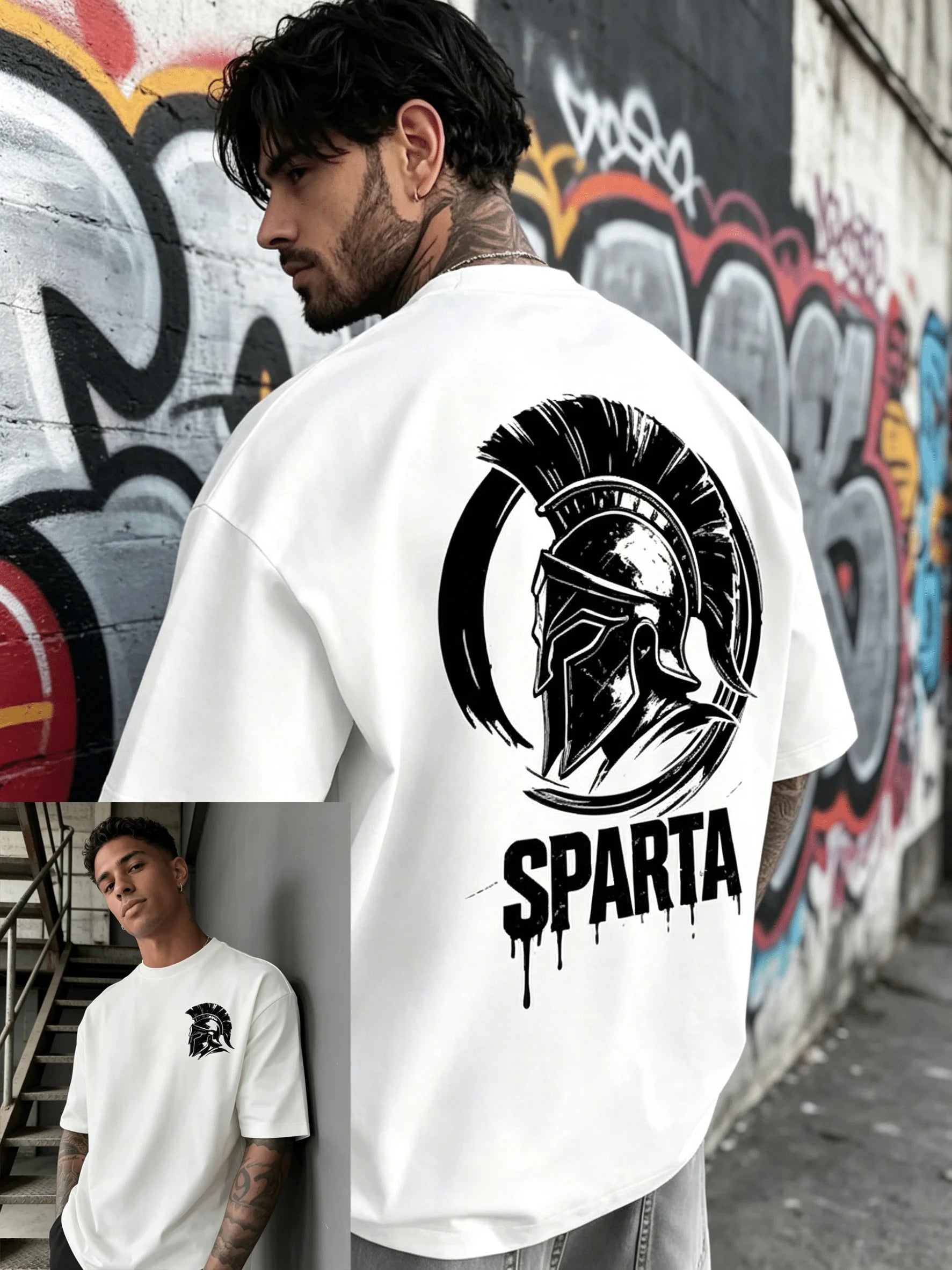Men's Summer 100% Cotton Fashion Casual Street Spartan Knight Helmet Pattern Printed Loose Round Neck Short Sleeve T-shirt Top