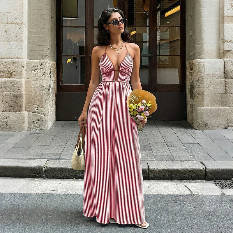 2026 Summer Striped Deep V Neck Backless Sleeveless Beach Long Dress