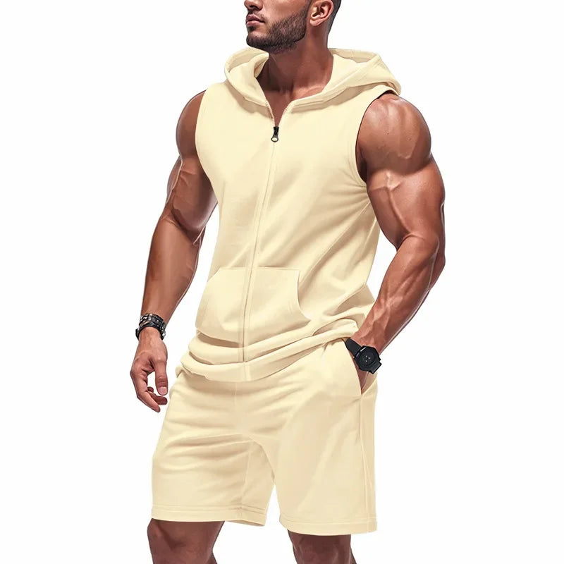 Cross Border  Summer American Men's Fitness Zip-up Hooded Loose Breathable Feature Waistcoat Shorts Tracksuit