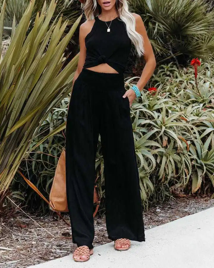 Women's casual pants with drawstring, mid waist, beach wide leg, spring and summer, European and American pants