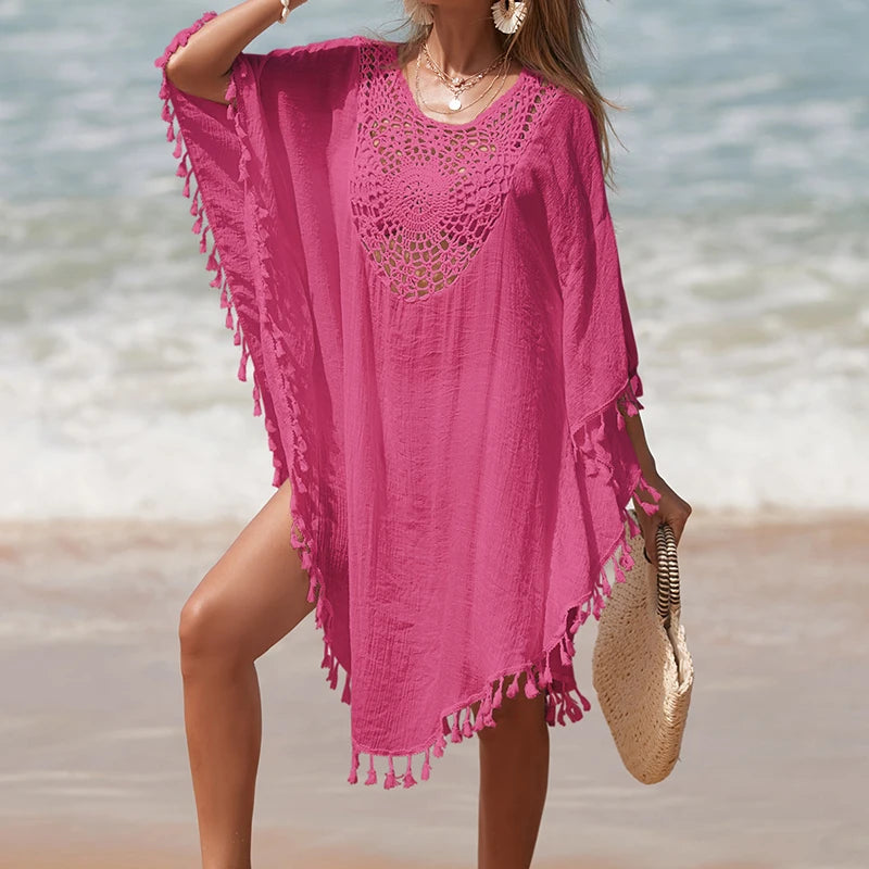 Women's Handmade Crochet Splicing Swimsuit Cover-Ups With Tassel Summer Holiday Beach Casual Loose Sunscreen Short Dress