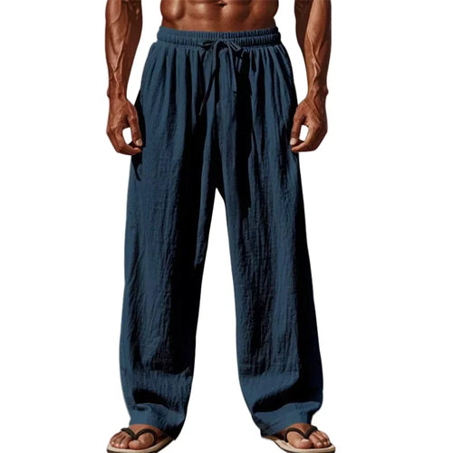 2026 Newest Linen Pants Men Summer Casual Breathable Solid Color Elastic Waist Loose Fit Wide Leg Trousers Lightweight Streetwea