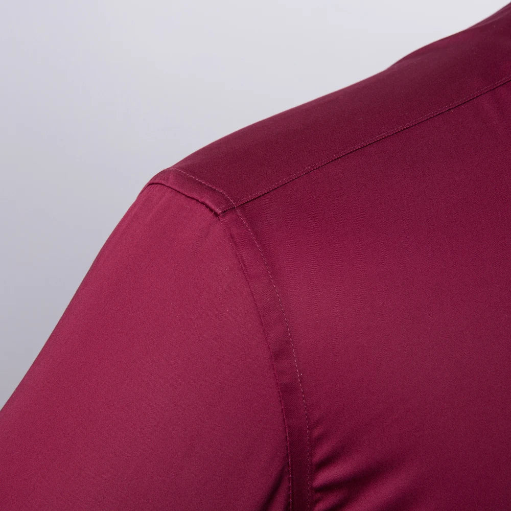 Men's Banded Collar Long Sleeve Solid Dress Shirts Single Patch Pocket Standard-fit Formal Business Casual Blouse Cotton Shirt