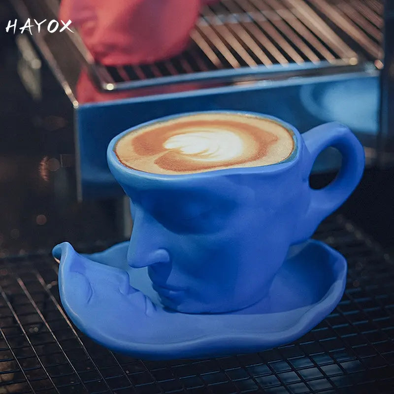NEW Thingking Cup Mug Creative Coffee Cup and Saucer Set Ceramic Face Model Coffee Mug Kitchen Bar Supplies Coffeeware Set 2023