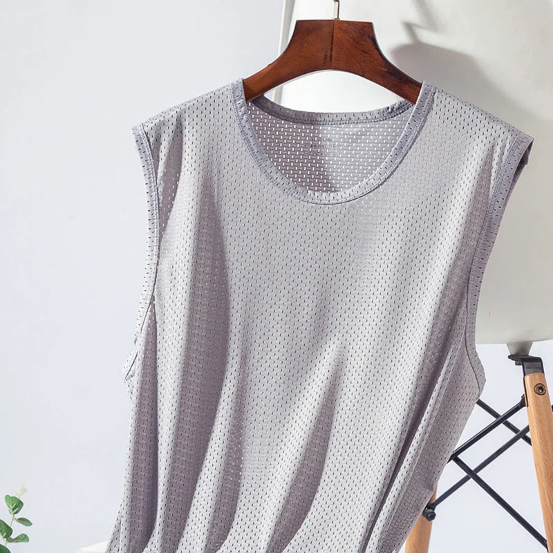 Men's Ice Silk Mesh Tank Tops Gym Stringer Transparent Bodybuilding Sleeveless Shirt Fitness Vest Male mesh Muscle Singlets