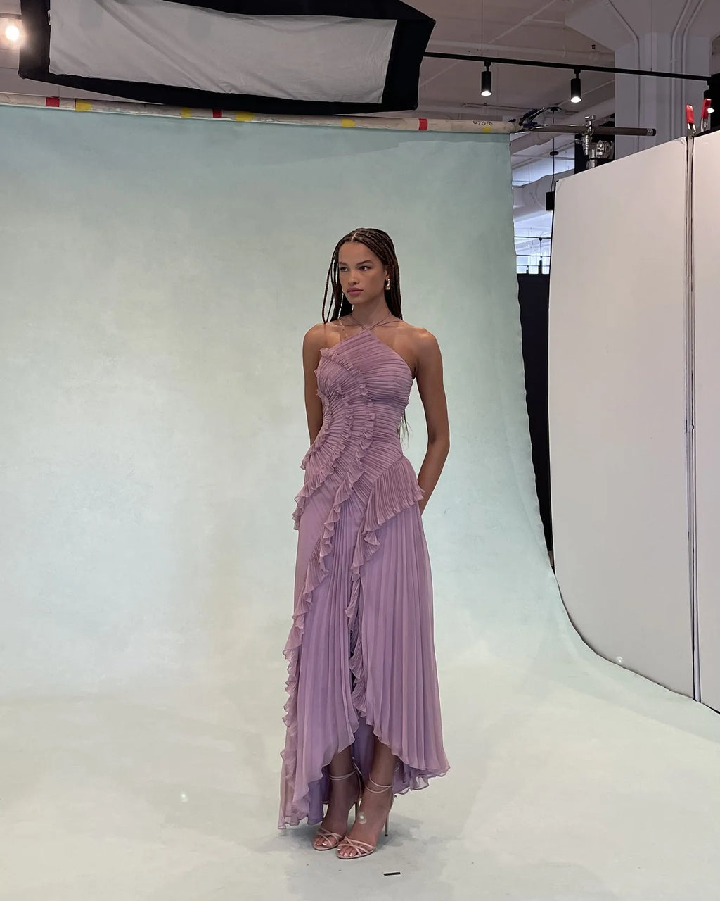 Gown Neck Strap Irregular Long Dress For Women Ruffle High Waist Backless Dress