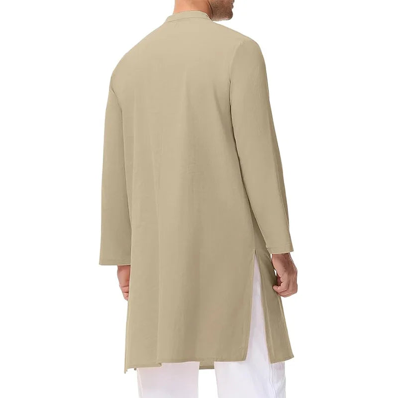 New Leisure Men Muslim Shirt Islamic Arabian Cotton Stand Collar Long Sleeve Blouse Pakistani High Quality Retro Long Tops S-3XL