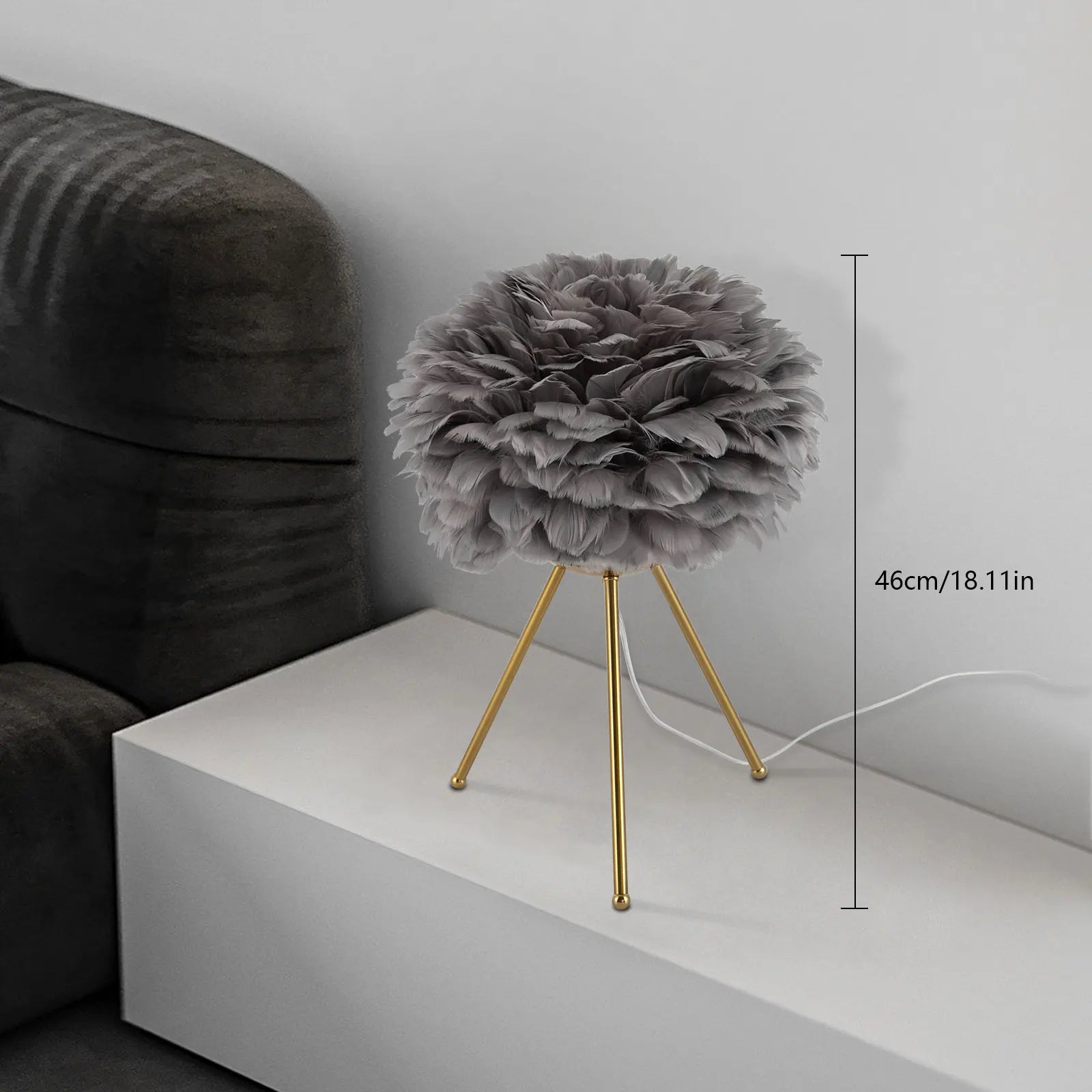 Grey Feather Table Lamp with Gold Finish, 46cm E26 Socket Night Light for Bedroom Living Room, Indoor Corded Electric Home Decor