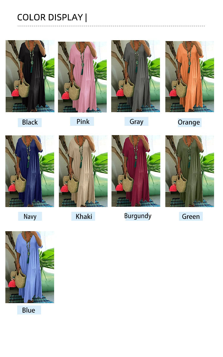 Plus Size Women's V Neck Pleated Solid Ankle Length Dress For Spring Summer