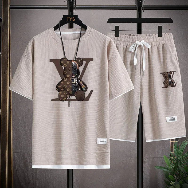 Summer new men's short-sleeved set, a fashionable outdoor casual men's short-sleeved T-shirt and sports shorts 2-piece set