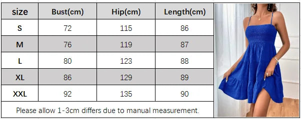 Women's Fashion Spaghetti Strap Smocked Bustier Mini Dress Blue Ruffled Tiered Swing Dress Summer Casual Vacation Beach Wear