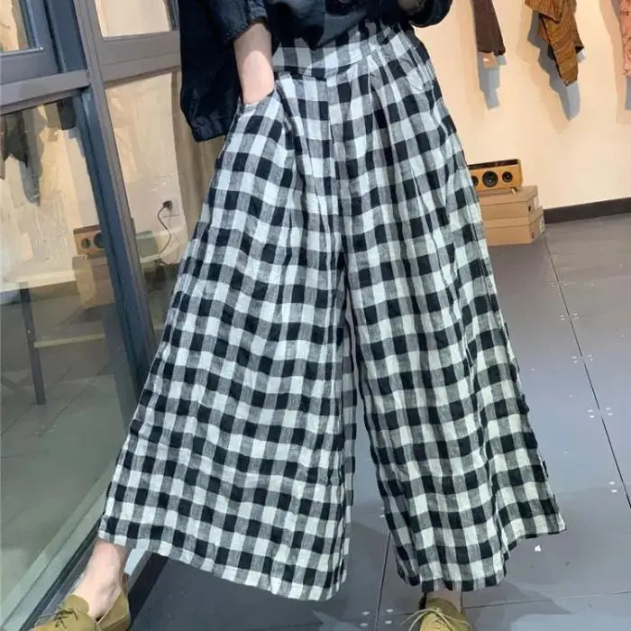 2024 Spring Elegant Woman Dress Plaid Pants Thin Cotton Linen Wide Leg Trousers Women High Waist Baggy Jogger Pants Sweatpants