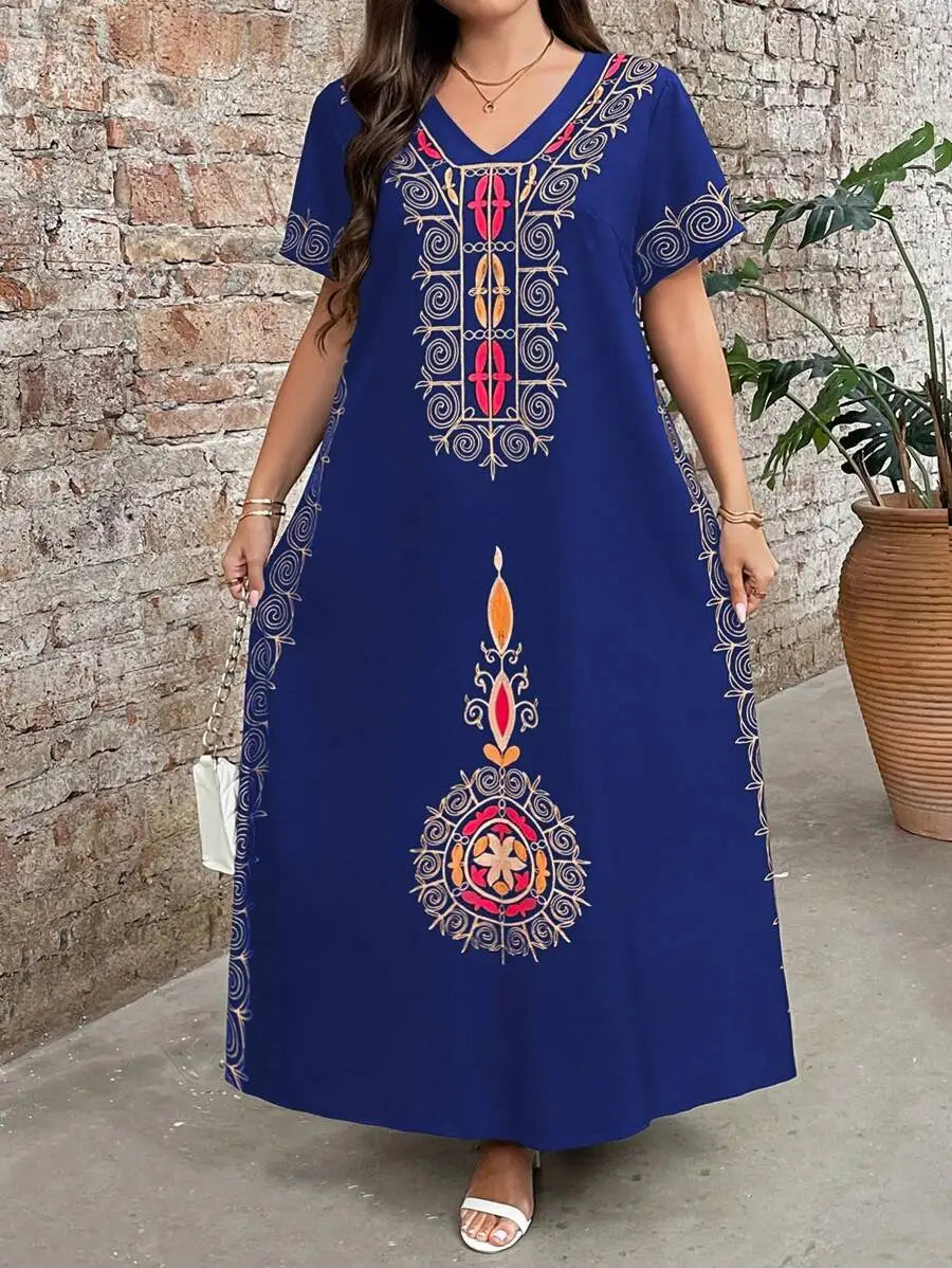 Boho Embroidered Maxi Dress V Neck Short Sleeve Loose Casual Summer Dress