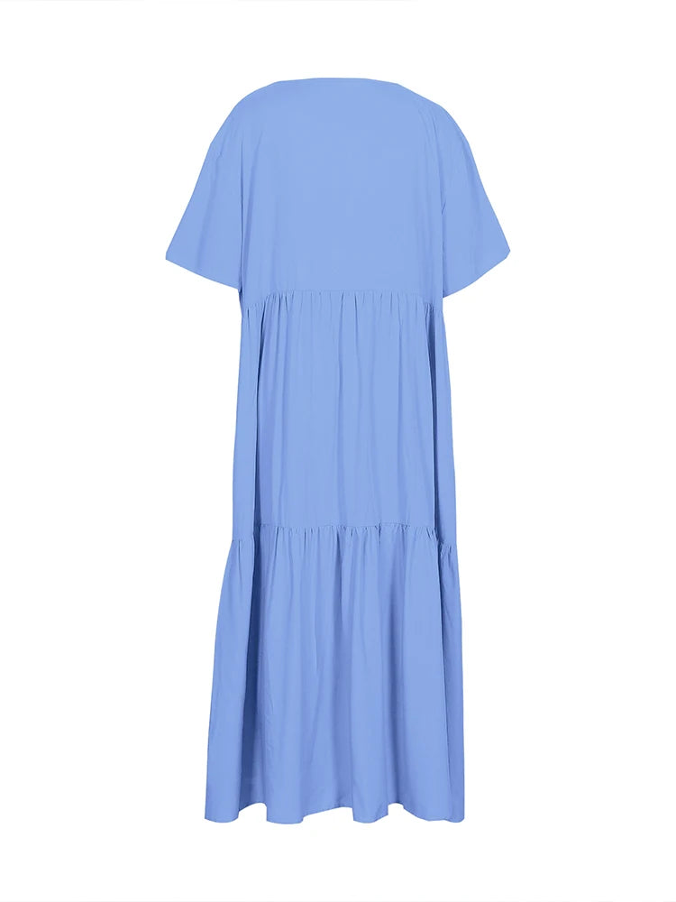 Plus Size Women's V Neck Pleated Solid Ankle Length Dress For Spring Summer