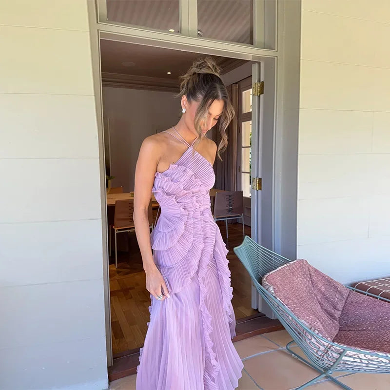 Gown Neck Strap Irregular Long Dress For Women Ruffle High Waist Backless Dress