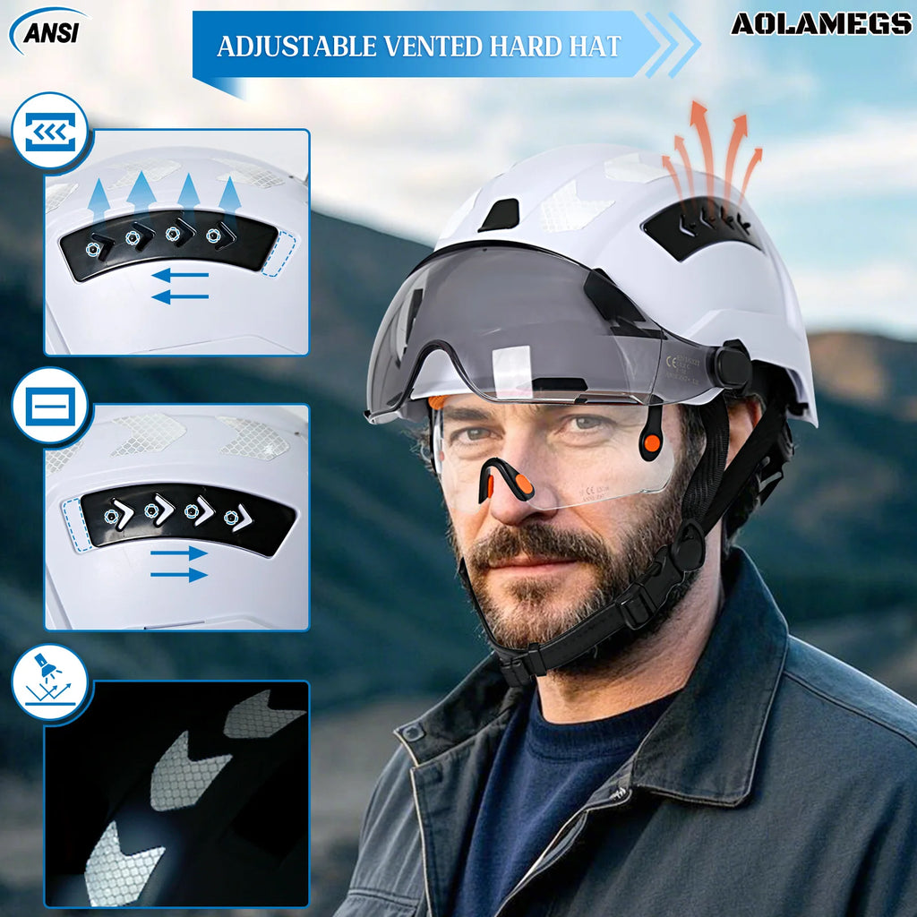 CE Construction Safety Helmet with Double Goggles Built-In Visors Reflective Stickers Hard Hat ANSI Industrial Work Engineer Cap