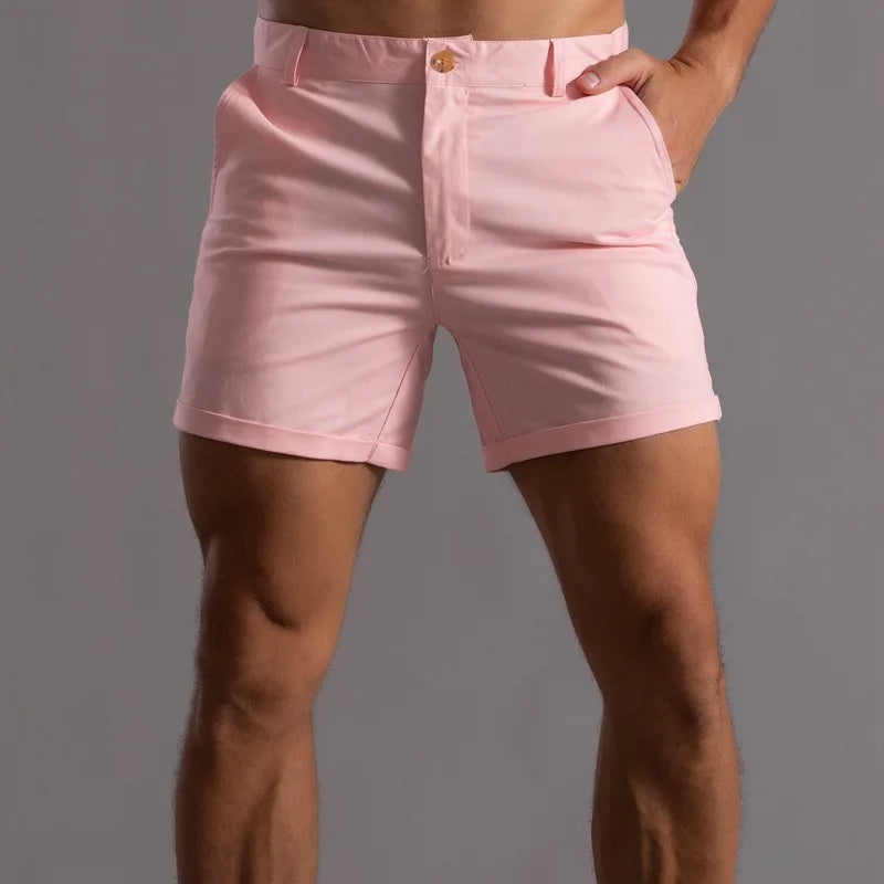 Men Slim Fit Chino Shorts Rolled Hem Casual Solid Summer Beach Short Pants