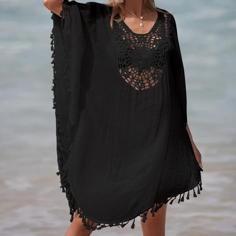 Women's Handmade Crochet Splicing Swimsuit Cover-Ups With Tassel Summer Holiday Beach Casual Loose Sunscreen Short Dress