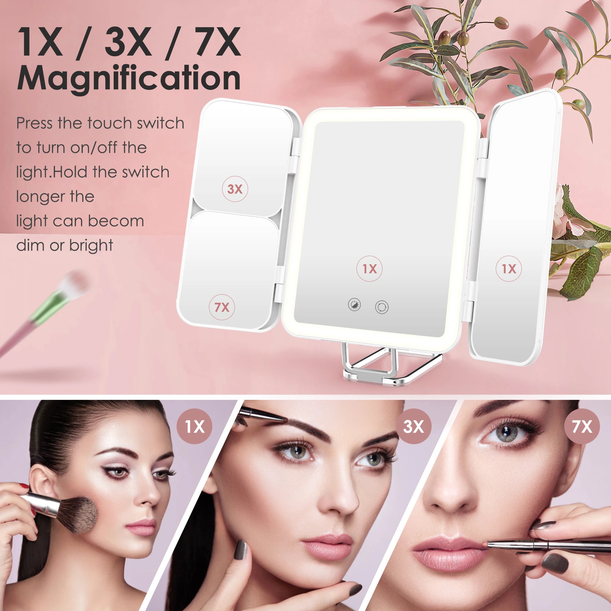 SEJOY Mini Makeup Mirror with Lights, 1X 3X 7X Magnifying Mirror, Touch Control,Trifold Makeup Mirror,Portable LED Makeup Mirror