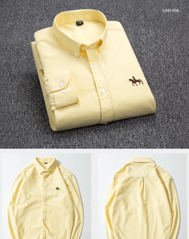Casual Pure Cotton Oxford Mens Shirts Long Sleeve Embroidery Horse Design Regular Fit Fashion Button Man White Dress Shirt