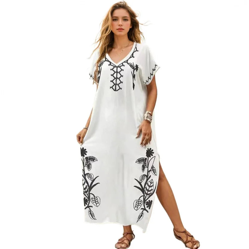 Kaftan dresses for women floral embroidery bathing suit cover up V neck caftan swimsuit coverup