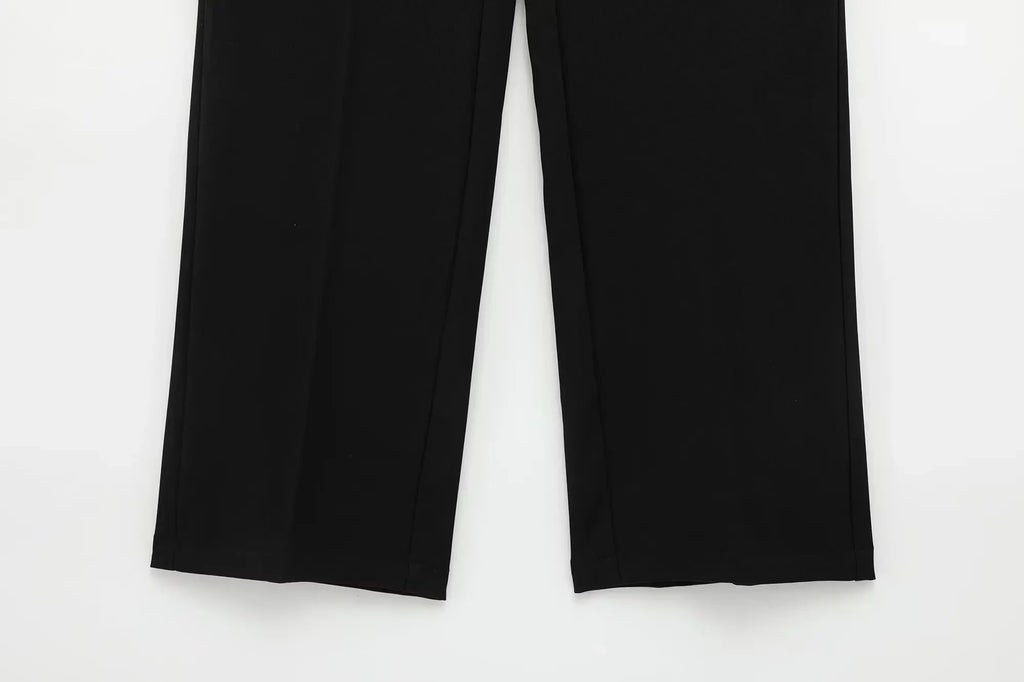 TFMLN Fashion Set For Women Summer 2025 New Slim Lapel Zipper Short Sleeve Coat Top Wide Leg Pants Two Piece Set Leisure Black