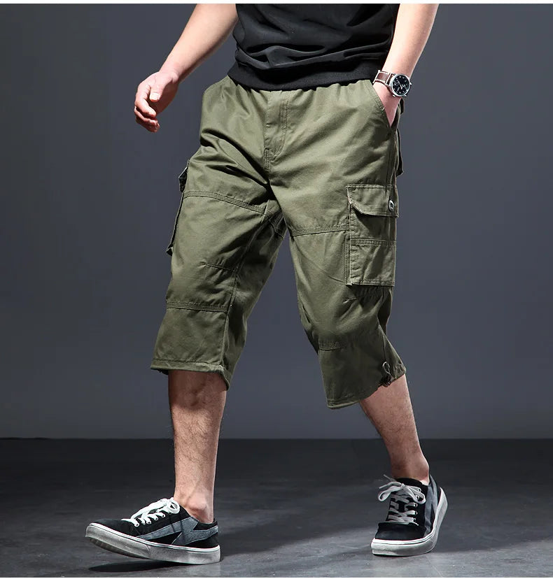 New  Summer thin cropped men's middle-aged pure cotton beach pants shorts plus loose mid length work pants outdoor