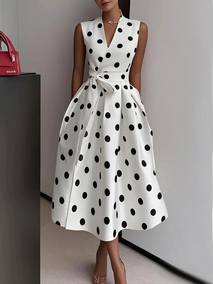 Women's  Polka Dot Sleeveless Dress V-Neck Wrap Bodice Waist Belt Tie Pleated Dress Side Pockets Elegant Party & Office Outfit