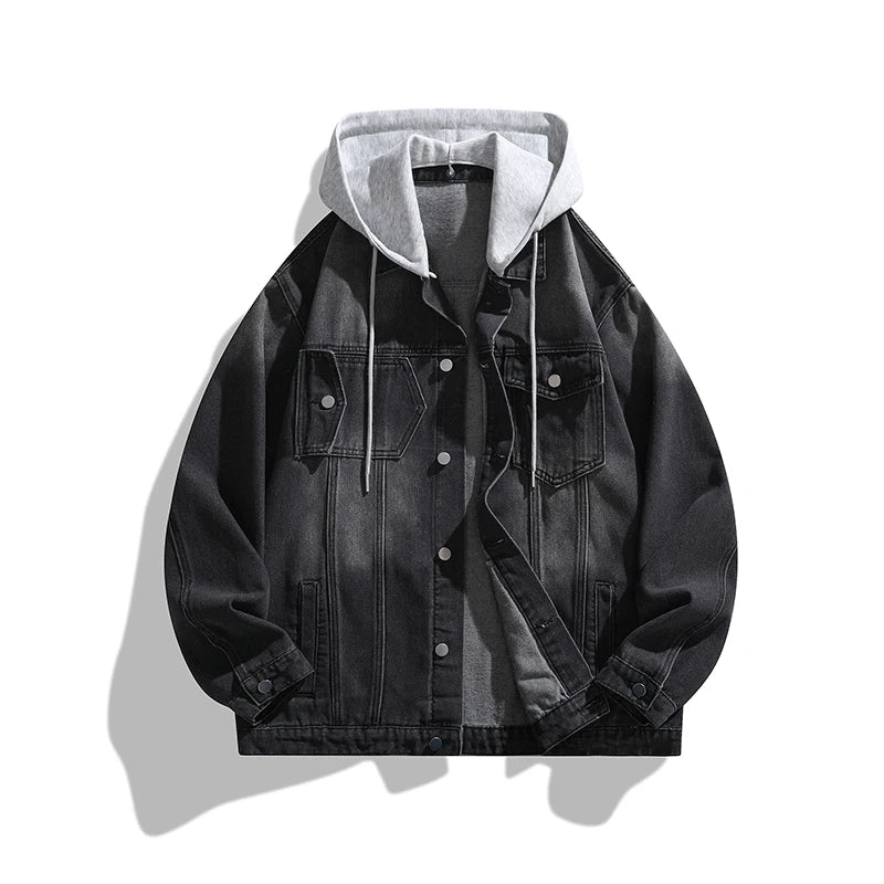 Spring Autumn Men's Loose Streetwear Hooded Denim Jacket Fashion Casual Turn Down Collar Jean Outerwear Hat Detachable Coat Man