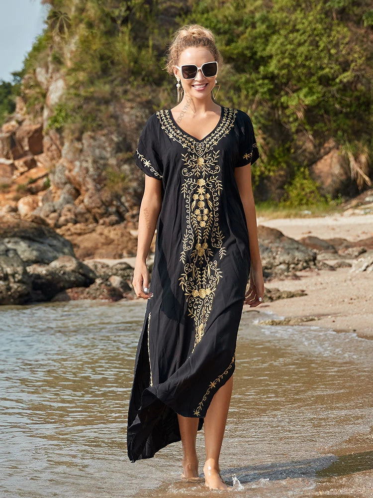 Embroidery Robe V-neck Batwing Sleeve Beach Maxi Dress Plus Size Loose Side Slit Summer Women Kaftans Dress Beachwear Q790