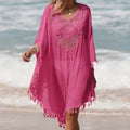Women's Handmade Crochet Splicing Swimsuit Cover-Ups With Tassel Summer Holiday Beach Casual Loose Sunscreen Short Dress