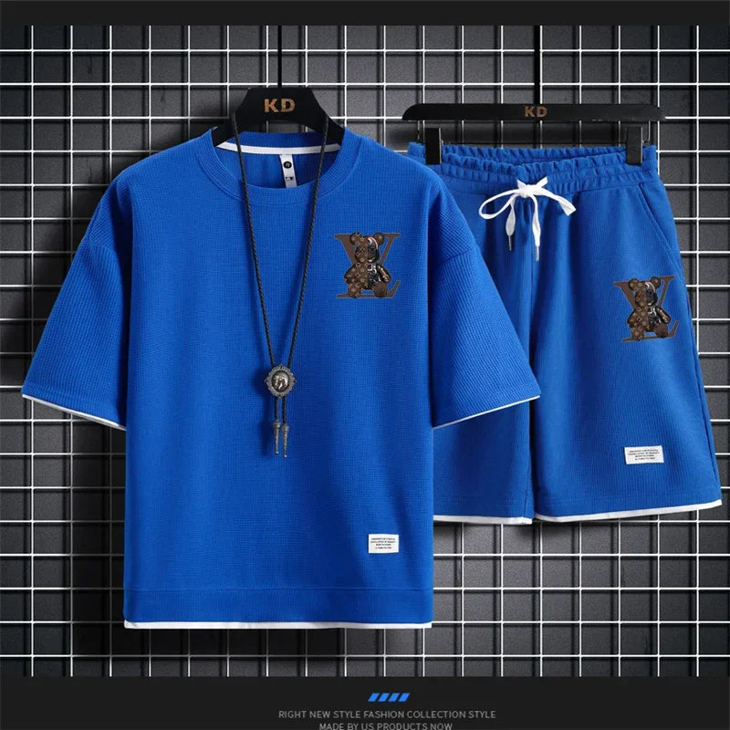 Summer new men's short-sleeved set, a fashionable outdoor casual men's short-sleeved T-shirt and sports shorts 2-piece set