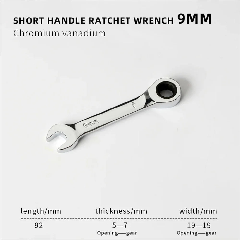 Short Handle Adjustable Head Ratchet Wrench Labor-Saving Dual-Purpose Auto Repair Hardware Tool For Nuts Bolts Fastening Work