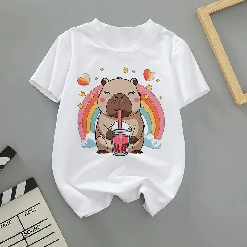 Summer Cartoon Cute Capybara Print Children T-shirt Short-sleeved Fashion Boys and Girls Round-neck Baby Kid Tshirt Trend