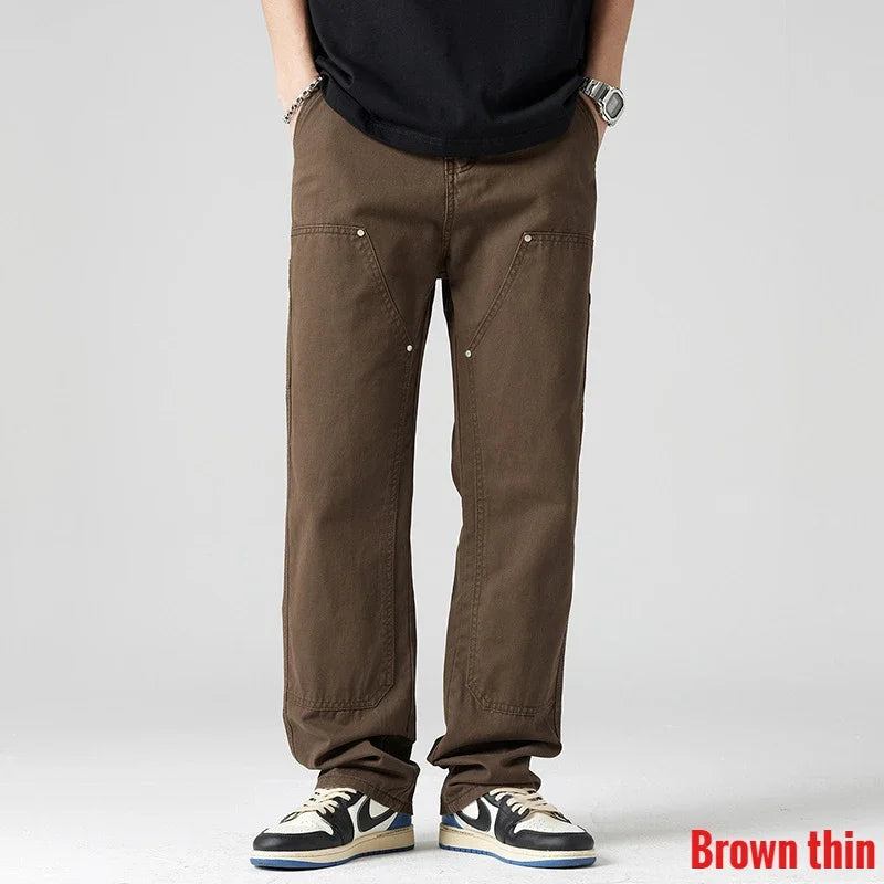 Men Pant Casual Straight Wide Leg Cargo Trouser Male Winter Fleece Lined Warm Cotton Loose Style Carpenter Streetwear