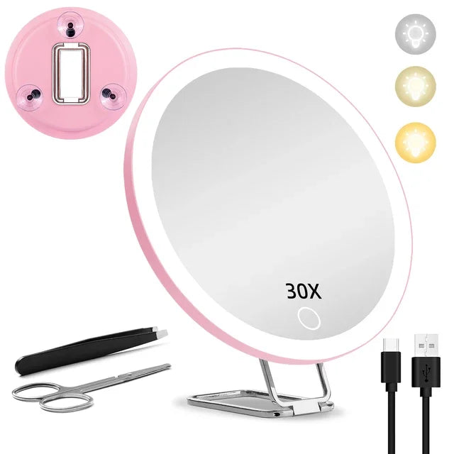 6 Inch Magnifying Mirror with Light 5-30X Portable Travel Magnified Mirror with 360 degrees Adjustable Stand and Suction Cup