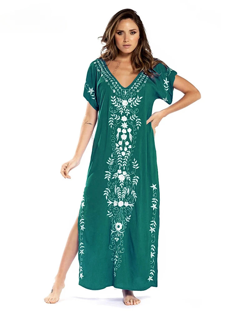 Embroidery Robe V-neck Batwing Sleeve Beach Maxi Dress Plus Size Loose Side Slit Summer Women Kaftans Dress Beachwear Q790