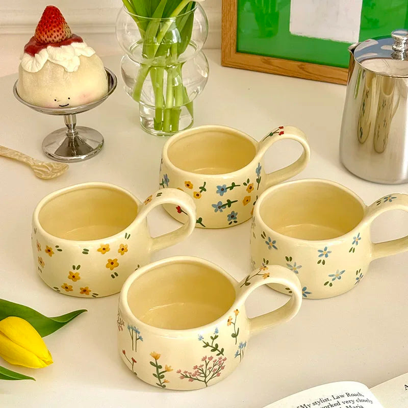 Cream yellow Ceramic Mug Korean Style Cute Flower Pattern Coffee Cup Hand Pinched Irregular Mug Breakfast Milk Tea Cups Watercup