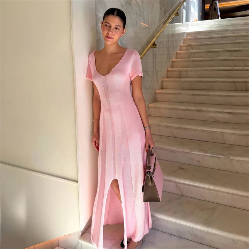 Ribbed Knit Maxi Dress for Women Deep V Neck High Slit Patchwork Party Dress